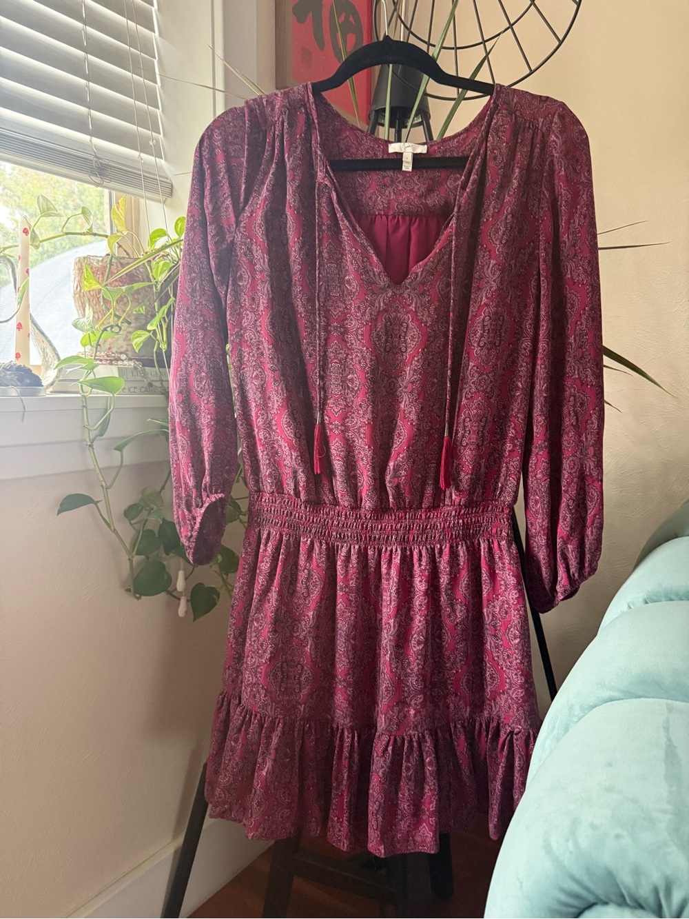 Joie SILK Burgundy Paisley Long-Sleeve Smocked Drop Waist Dress